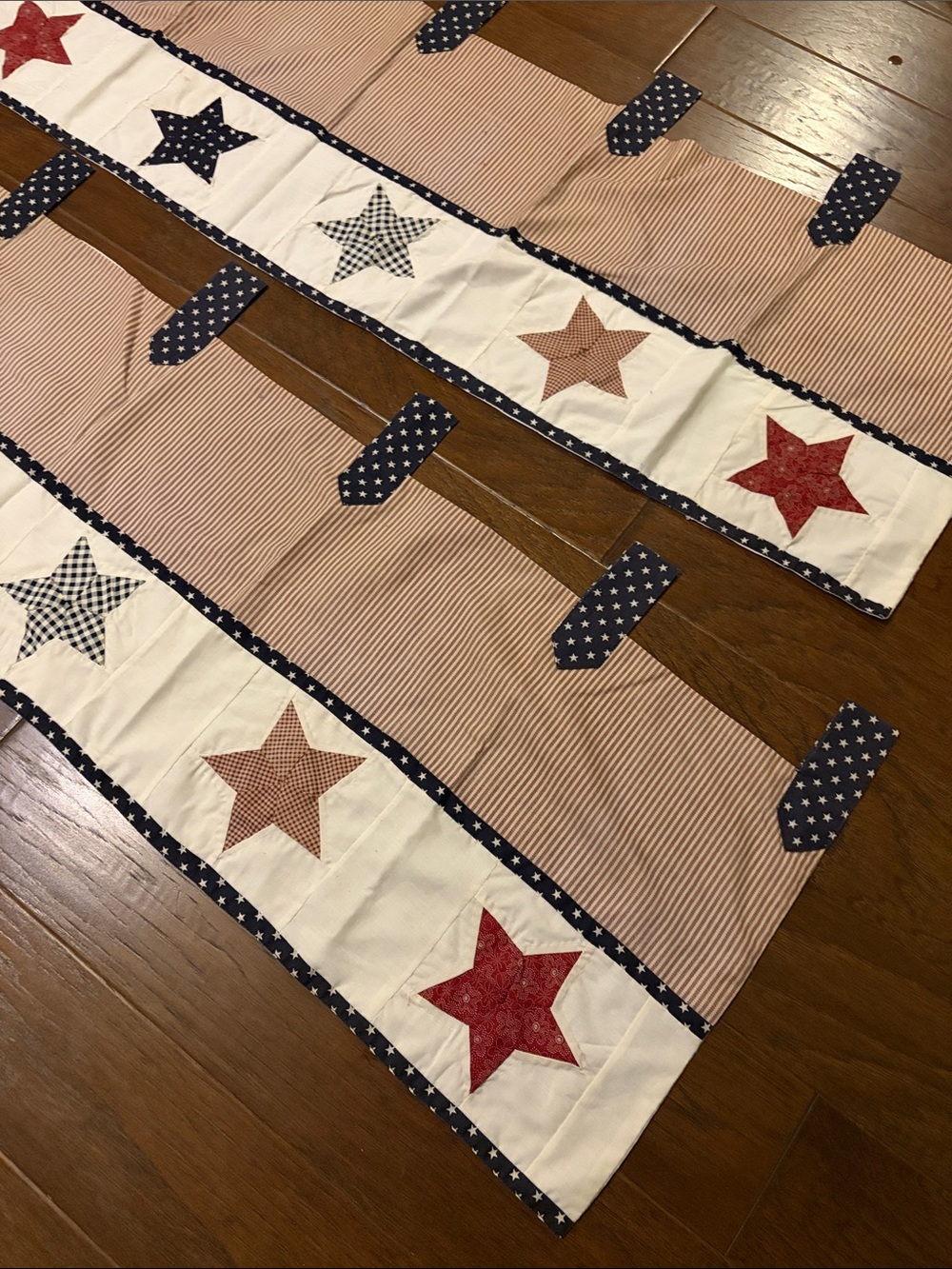 Two Primitive Curtain Valances, Star Pattern, Cream Red Navy 74” x 15” w/2” tab